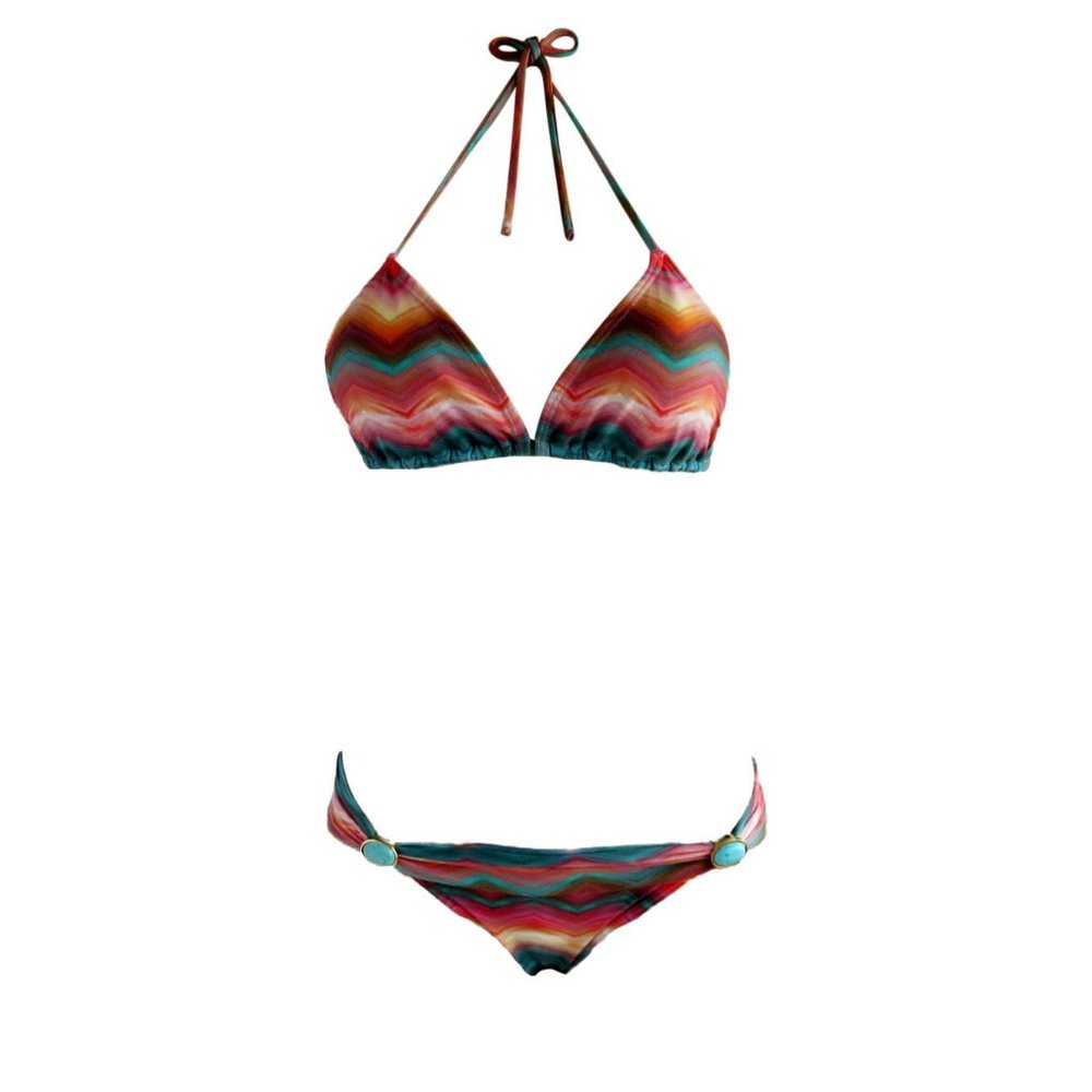 Sunset Print Triangle Bikini with Turquoise Gems
